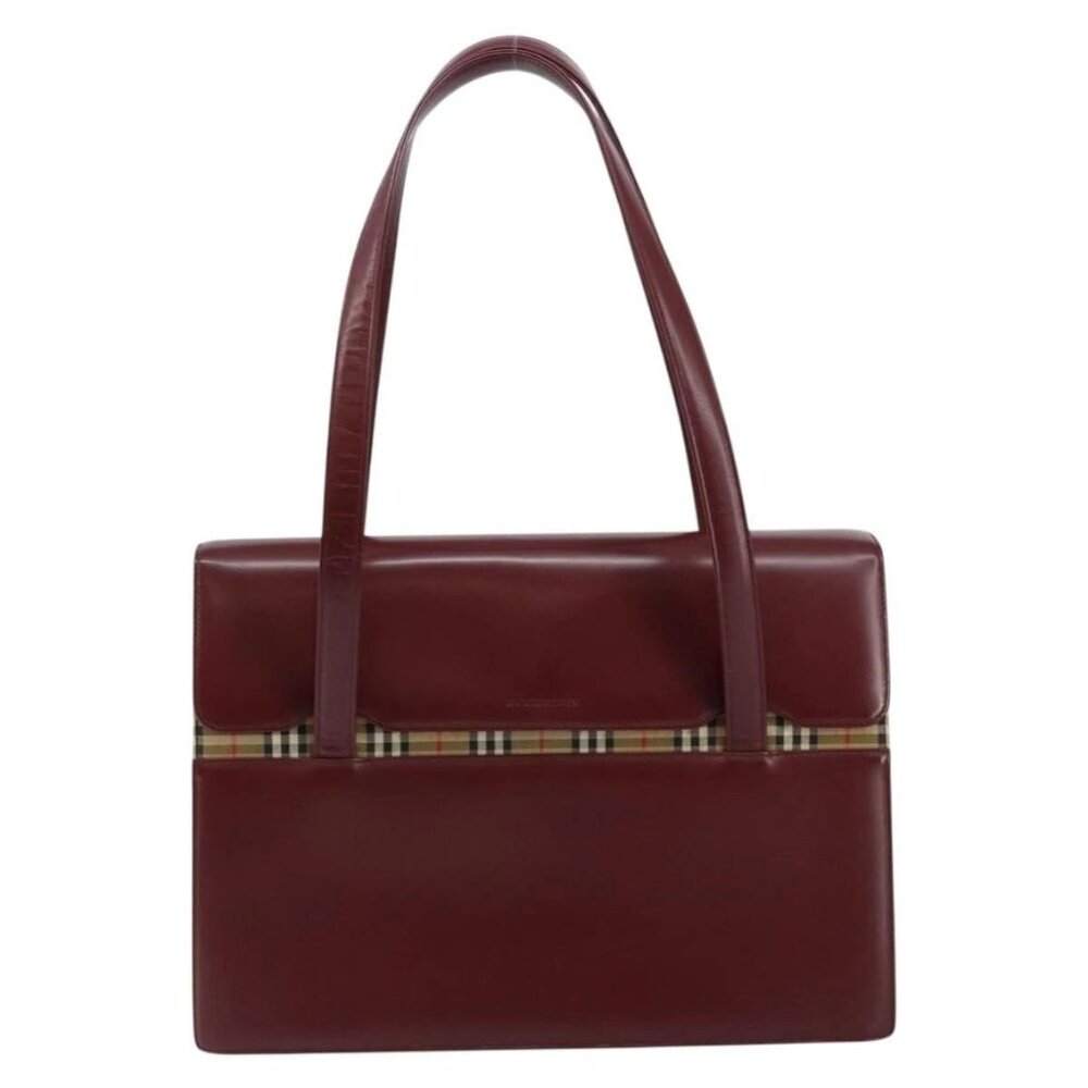 BURBERRY Nova Check Hand Bag Canvas Leather Bordeaux Beige Auth - Picture 2 of 16